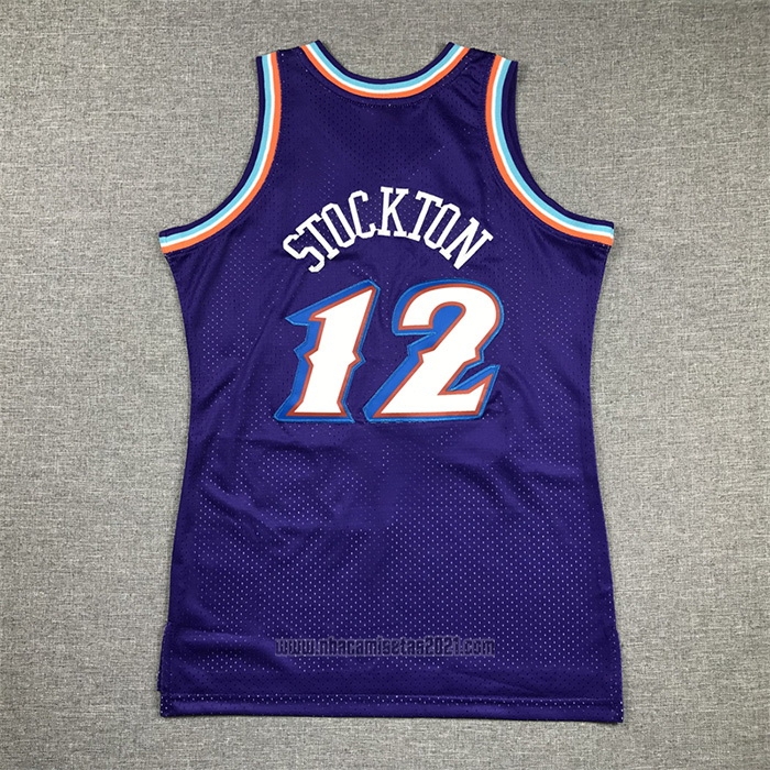 Camiseta Nino Utah Jazz John Stockton #12 Hardwood Classics Throwback 1996-97 Violeta